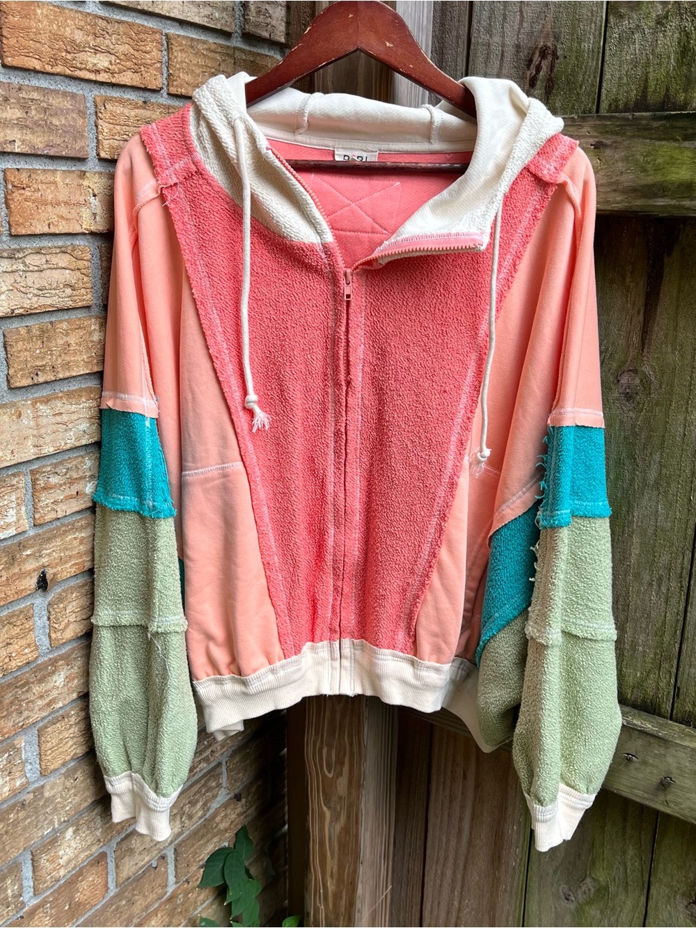 BiBi Coral, Teal & Sage Colorblock Hooded Zip Sweatshirt Boho